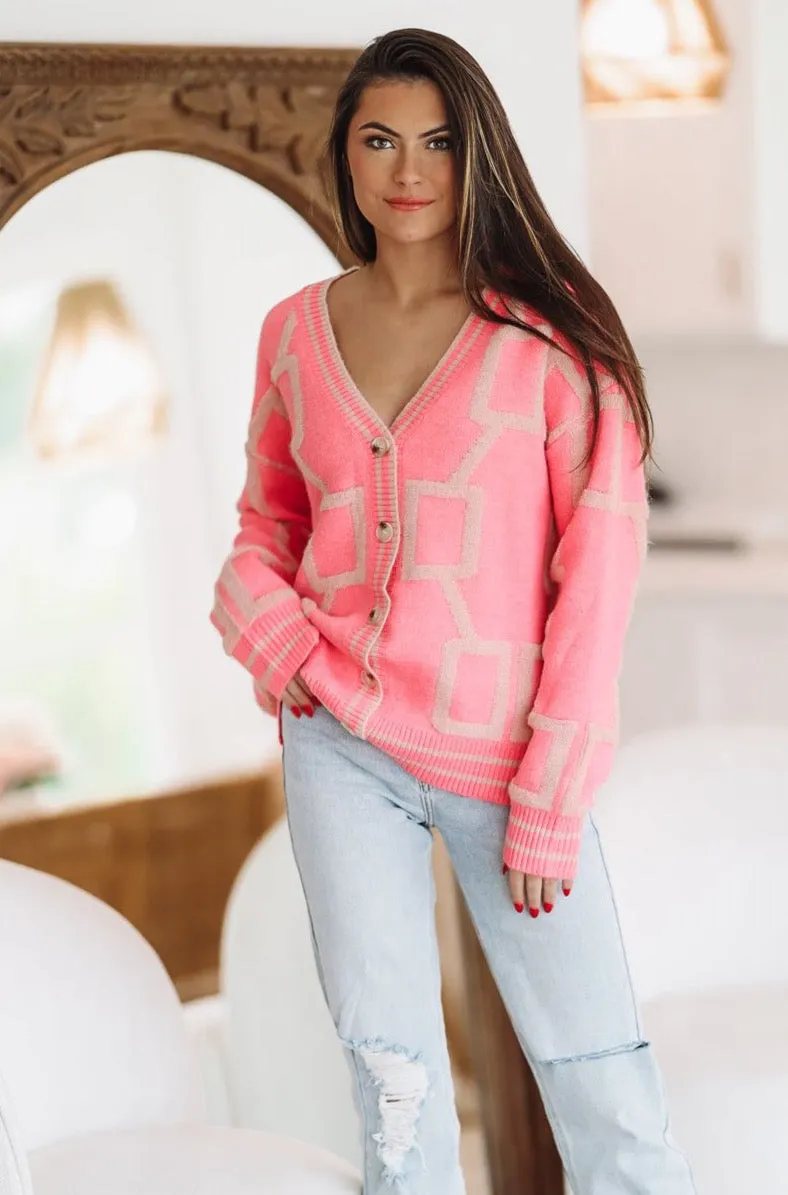 Must Be Designer Cardigan - Pink and Cream sold by Hazel & Olive