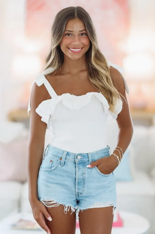 Ruffles and Ribbed Bodysuit - White sold by Hazel & Olive