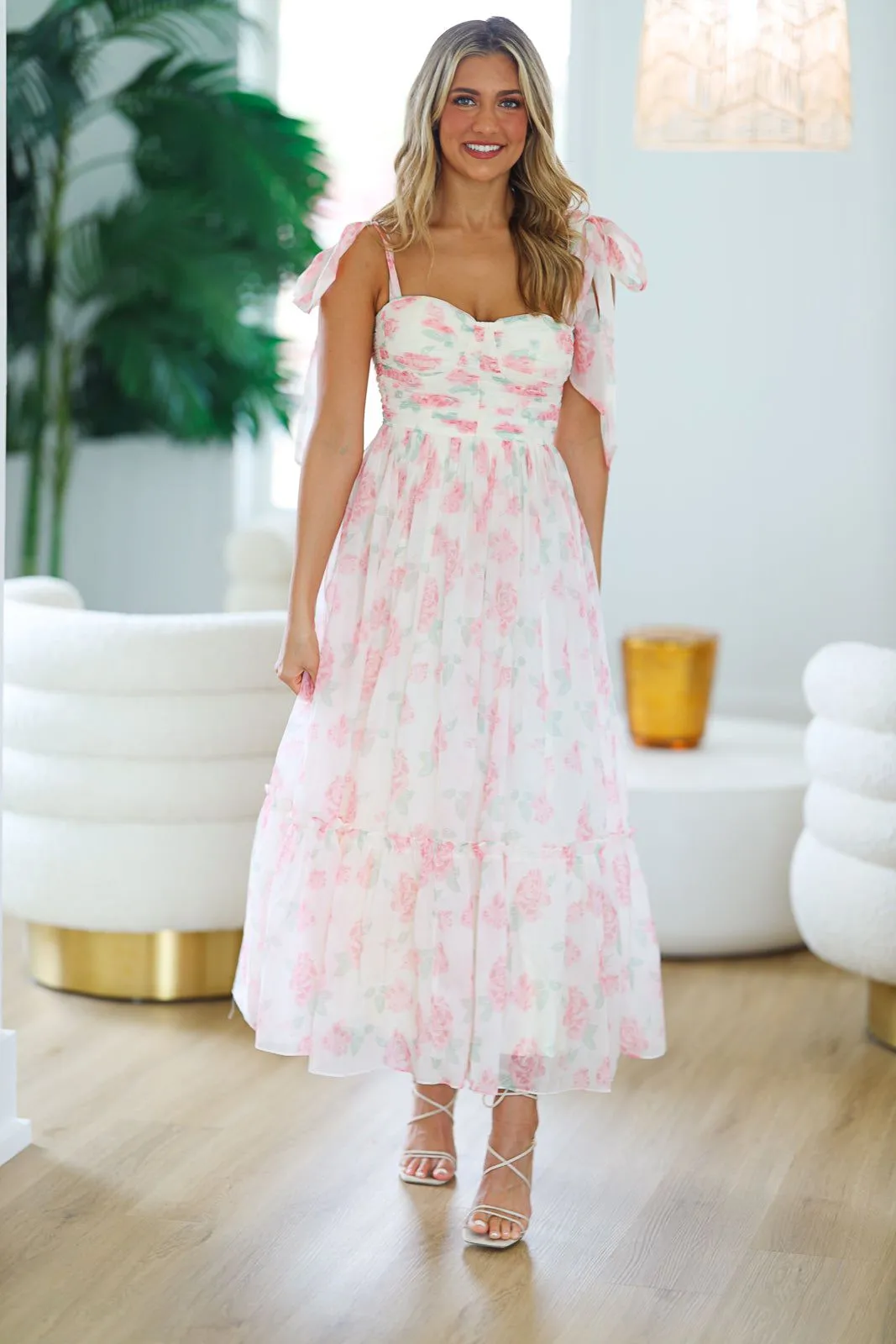 Girly and Chic Maxi Dress - Ivory and Pink sold by Hazel & Olive product image thumbnail 3