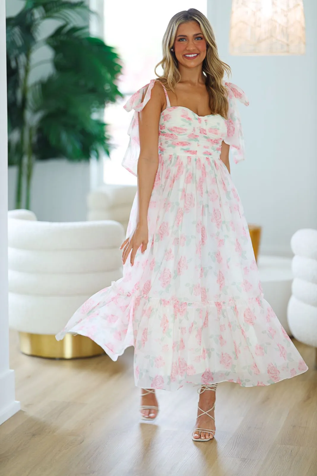 Girly and Chic Maxi Dress - Ivory and Pink sold by Hazel & Olive