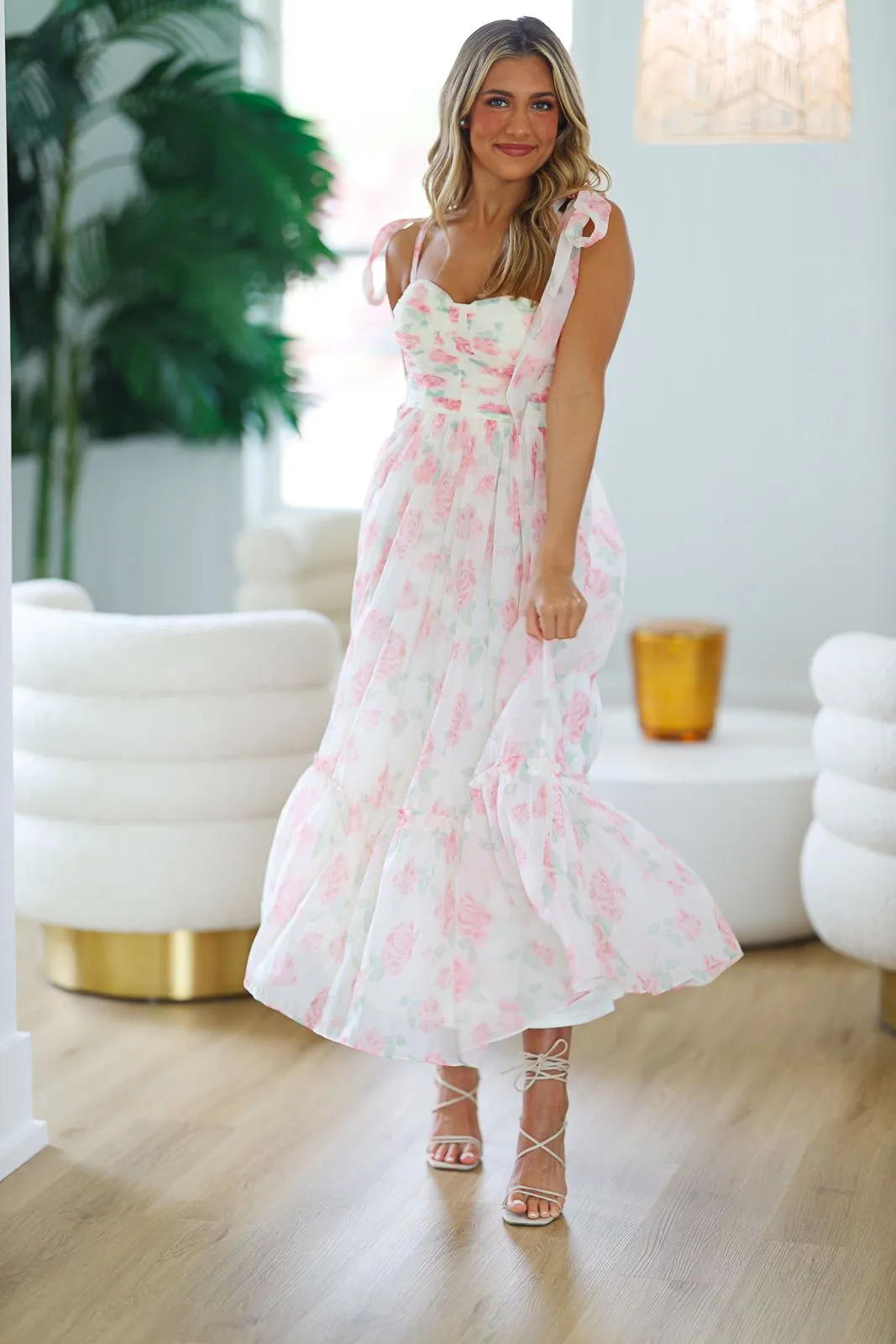 Girly and Chic Maxi Dress - Ivory and Pink sold by Hazel & Olive product image thumbnail 2