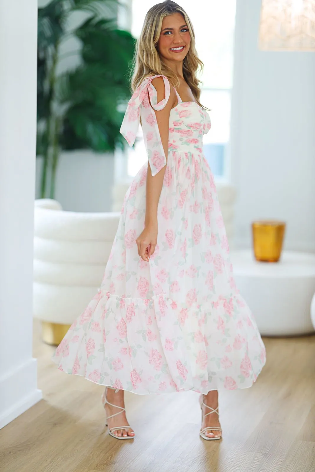 Girly and Chic Maxi Dress - Ivory and Pink sold by Hazel & Olive product image thumbnail 4