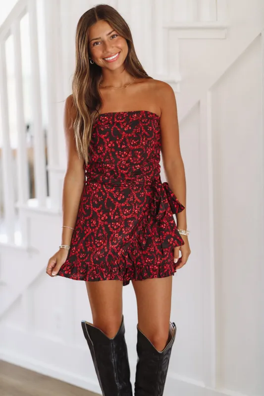 Blooming Beauty Strapless Mini Romper Dress - Black and Red sold by Hazel & Olive