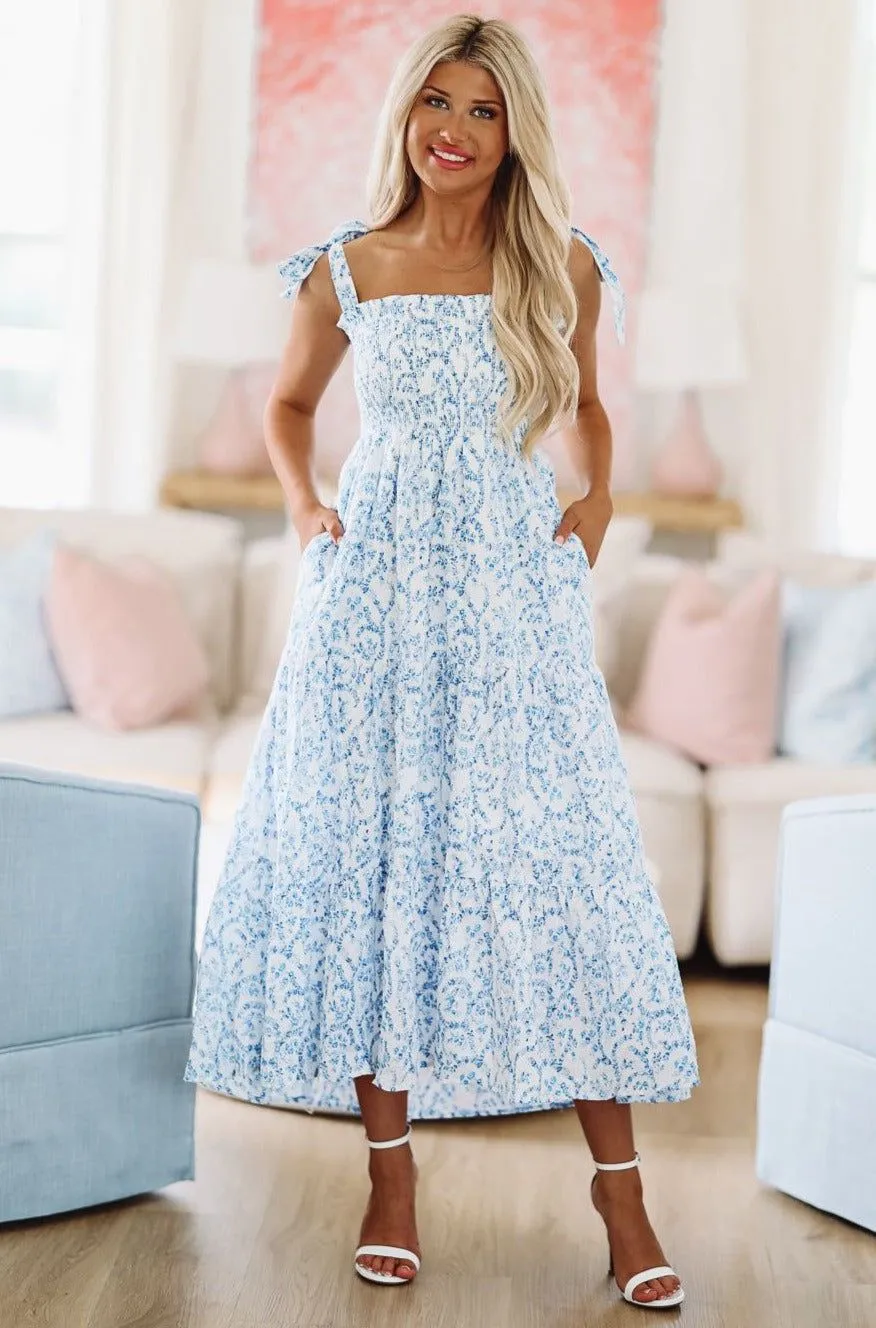 Summer Soiree Midi Dress - Blue and White sold by Hazel & Olive