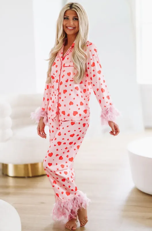 Galentines Heart Feather Pajamas Set - Pink and Red sold by Hazel & Olive