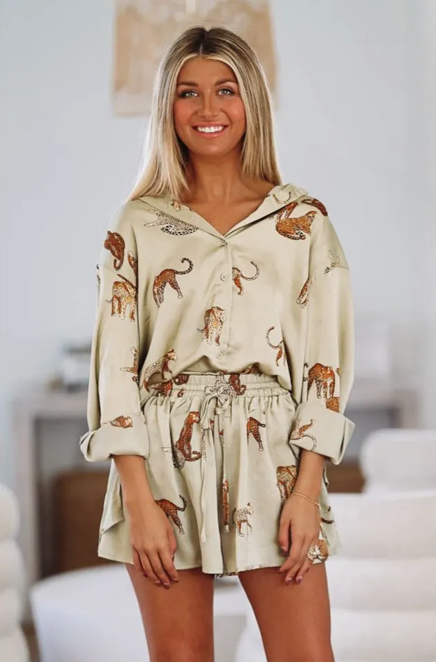 Silky Leopard Long Sleeve Button Down - Olive sold by Hazel & Olive