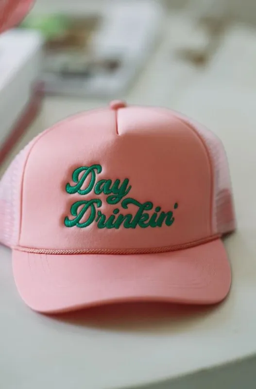 Day Drinkin' Embroidered Trucker Hat - Pink sold by Hazel & Olive