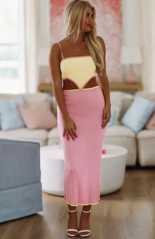 Love on the Run Midi Dress - Pink and Yellow sold by Hazel & Olive