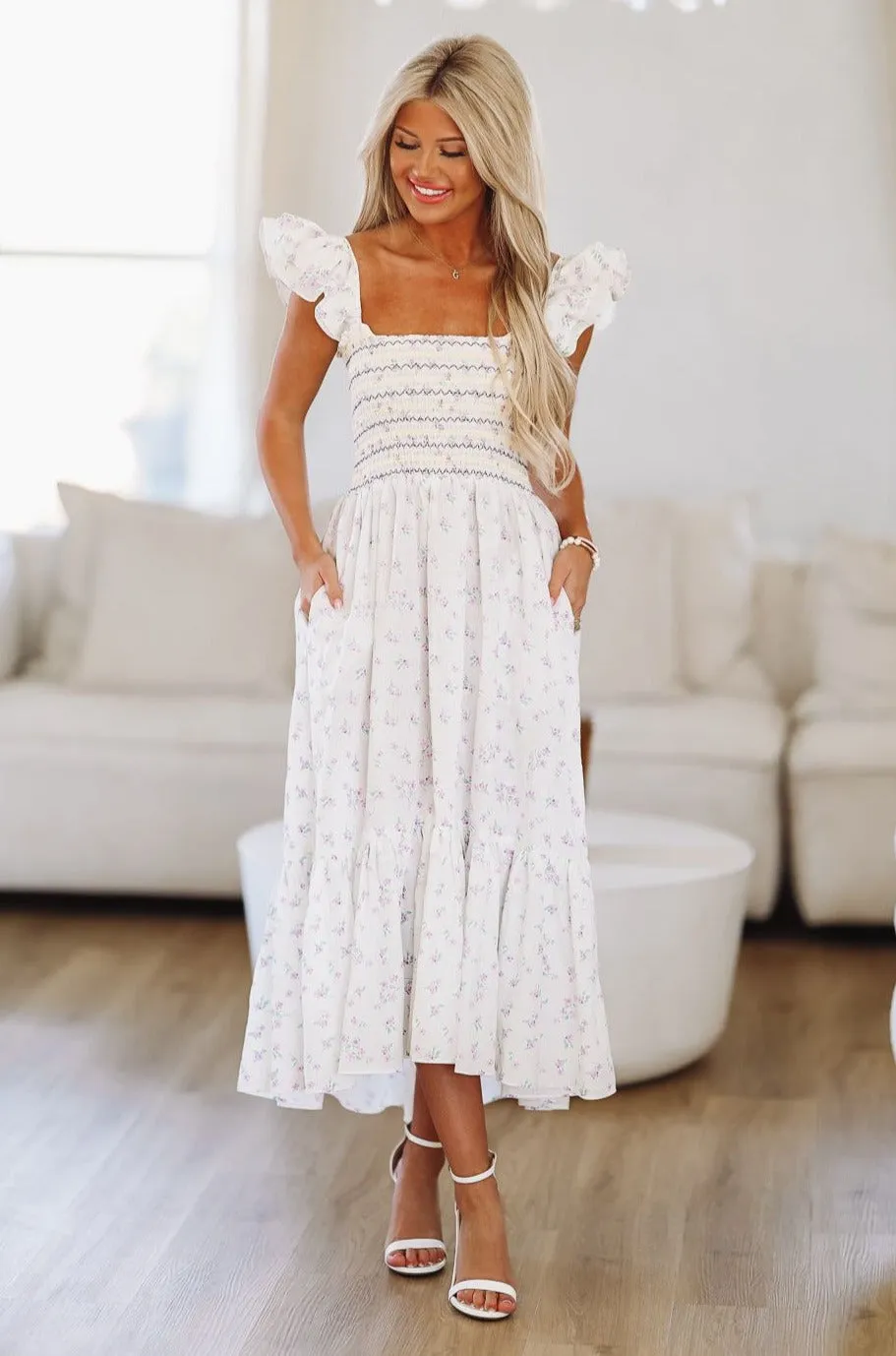 Picture Me Midi Dress - White and Purple sold by Hazel & Olive