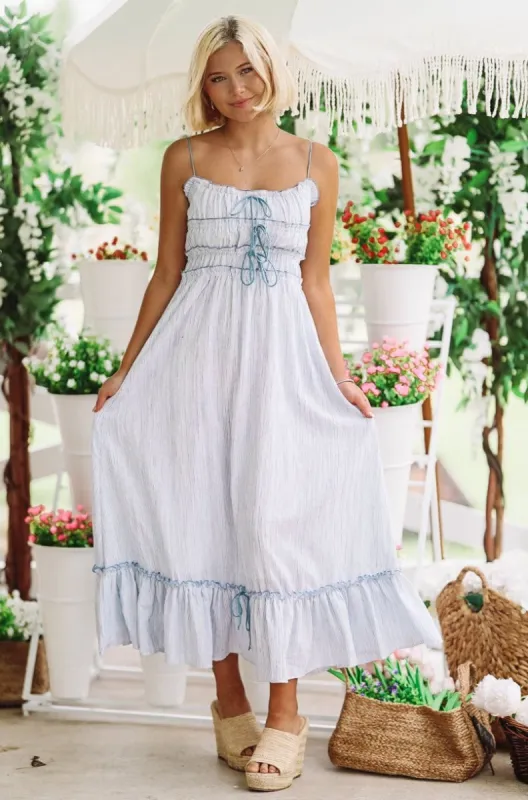 Memorable Moments Midi Dress - Blue and White sold by Hazel & Olive