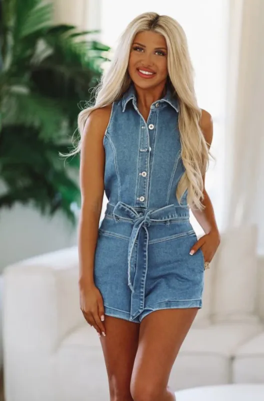 Backroads Riding Denim Romper - Blue sold by Hazel & Olive