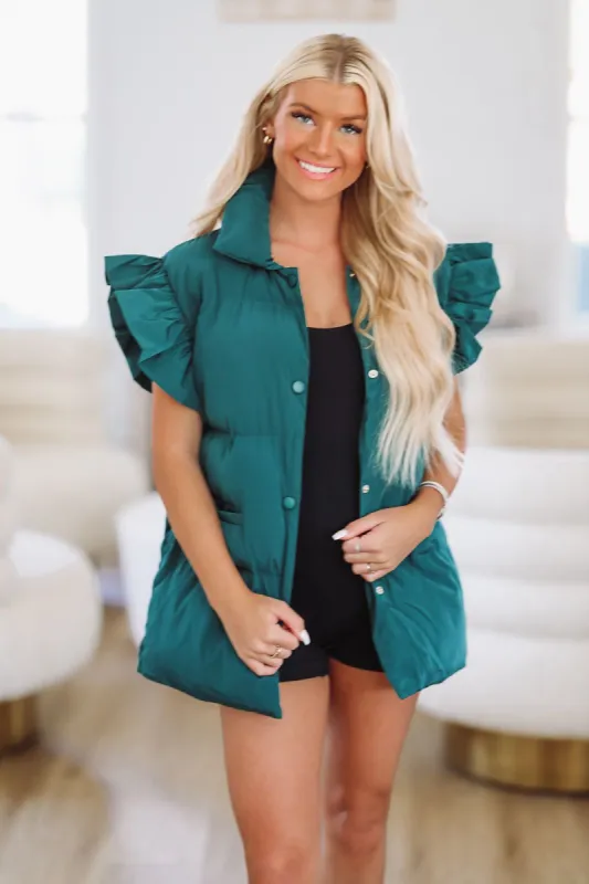 Ruffle Puffer Vest - Hunter Green sold by Hazel & Olive