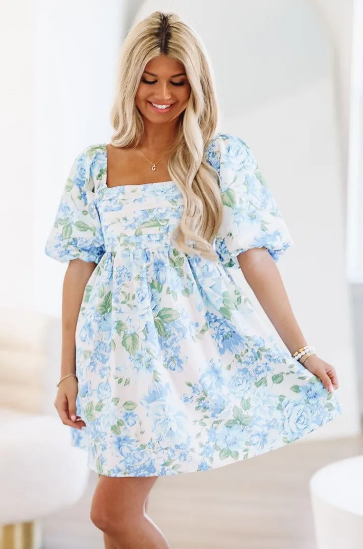 My Blue Roses Mini Dress - Ivory, Blue and Green sold by Hazel & Olive