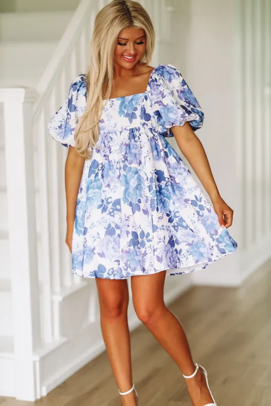 In the Air Floral Mini Dress - Blue and White sold by Hazel & Olive