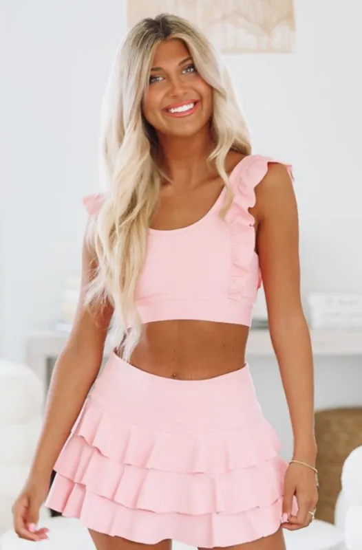 Hamptons Weekend Ruffle Sports Bra - Pink sold by Hazel & Olive