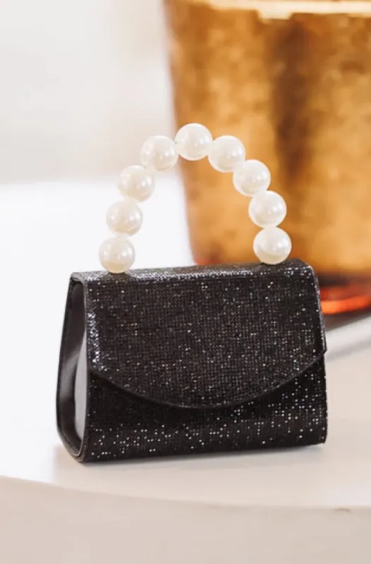 Pearl Handle Rhinestone Bag - Black sold by Hazel & Olive