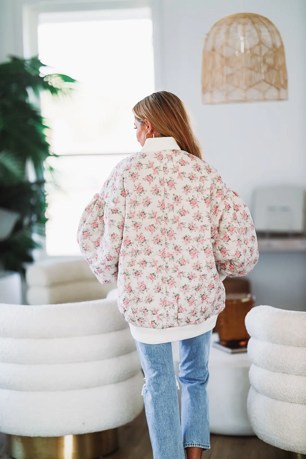 Floral Quilted Bomber Jacket - Cream and Pink sold by Hazel & Olive product image thumbnail 5