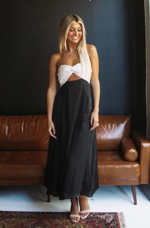 Giving Vibes Maxi Dress - Black and Champagne sold by Hazel & Olive