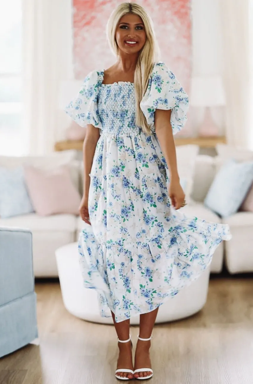 Sunday Morning Floral Midi Dress - Blue and White sold by Hazel & Olive