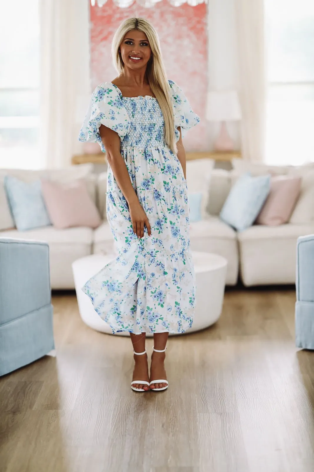Sunday Morning Floral Midi Dress - Blue and White sold by Hazel & Olive product image thumbnail 4