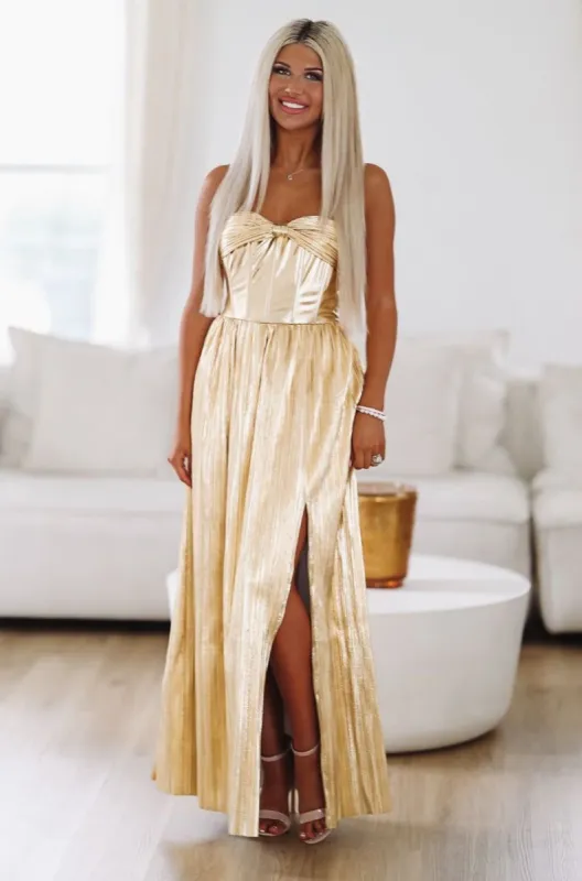 Moment For Metallic Shimmer Maxi Dress - Gold sold by Hazel & Olive
