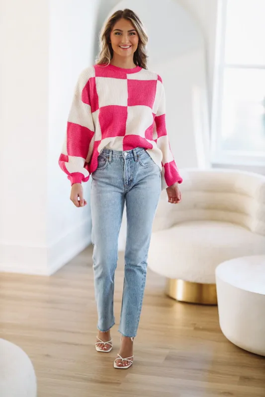 All Checked Out Sweater - Hot Pink and White sold by Hazel & Olive