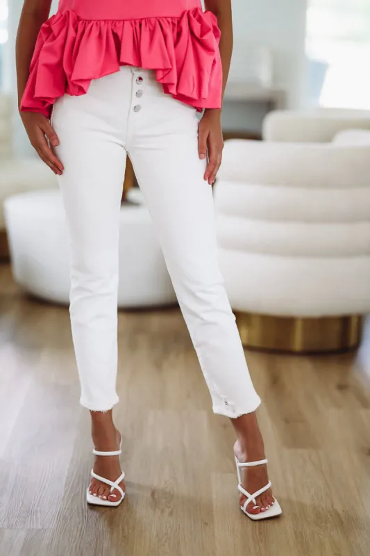 Tummy Control Button Down Risen  Jeans - White sold by Hazel & Olive