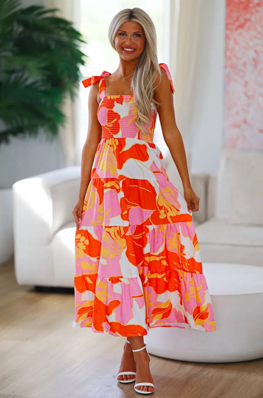 Hibiscus Tea Floral Midi Dress - Orange sold by Hazel & Olive