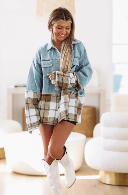 Down on the Farm Jacket - Denim and Plaid sold by Hazel & Olive