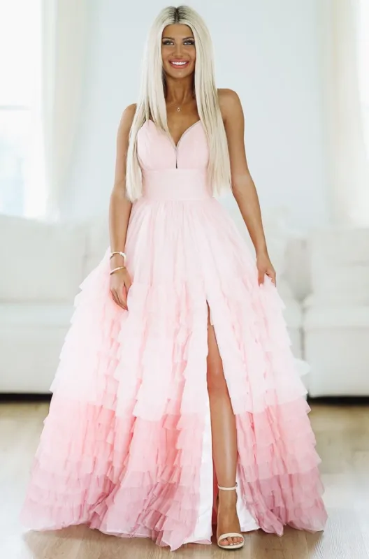 Purely Romantic Ombre Ruffle Tiered Maxi Gown - Blush Pink sold by Hazel & Olive