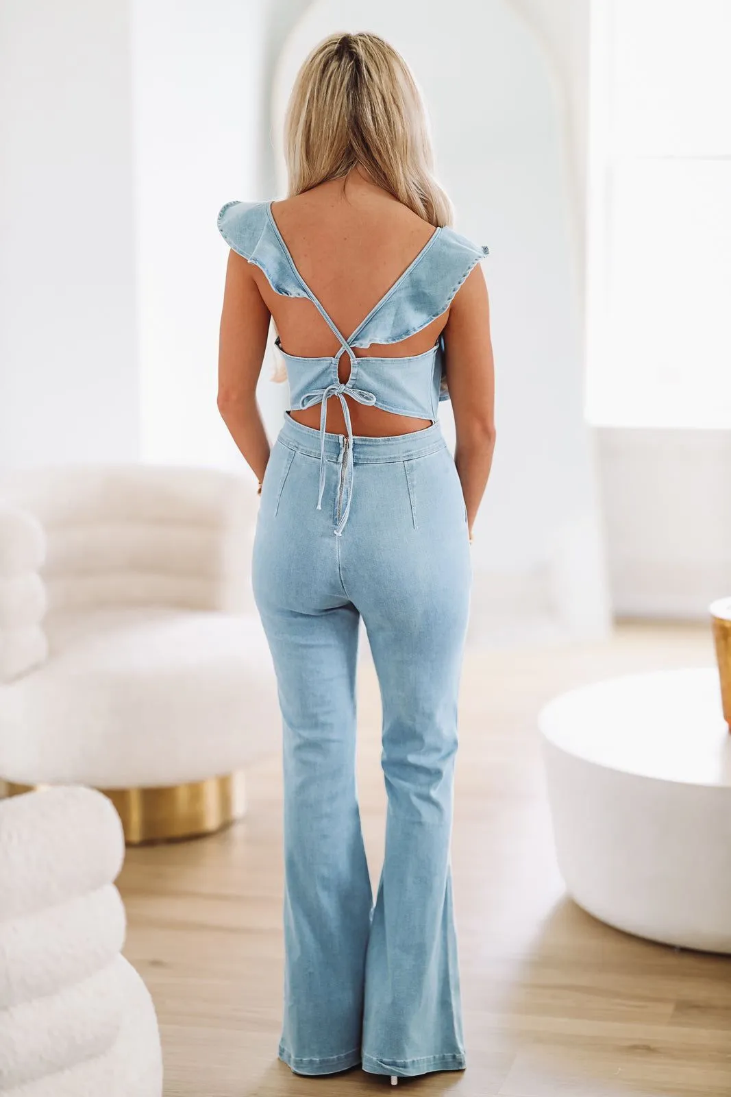 Ruffled Flair Jumpsuit - Denim sold by Hazel & Olive product image thumbnail 2