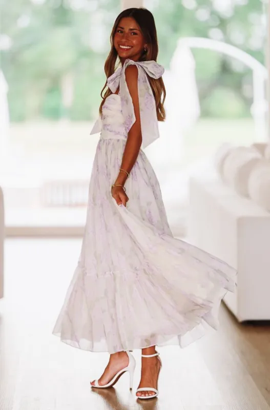 Girly and Chic Maxi Dress - Ivory and Purple sold by Hazel & Olive