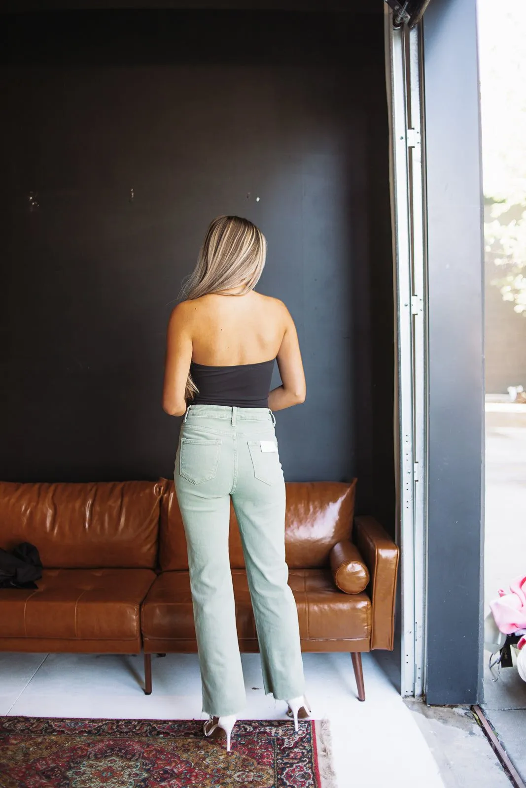 Tummy Control Button Down Risen Straight Leg High Rise Jeans - Olive sold by Hazel & Olive product image thumbnail 4