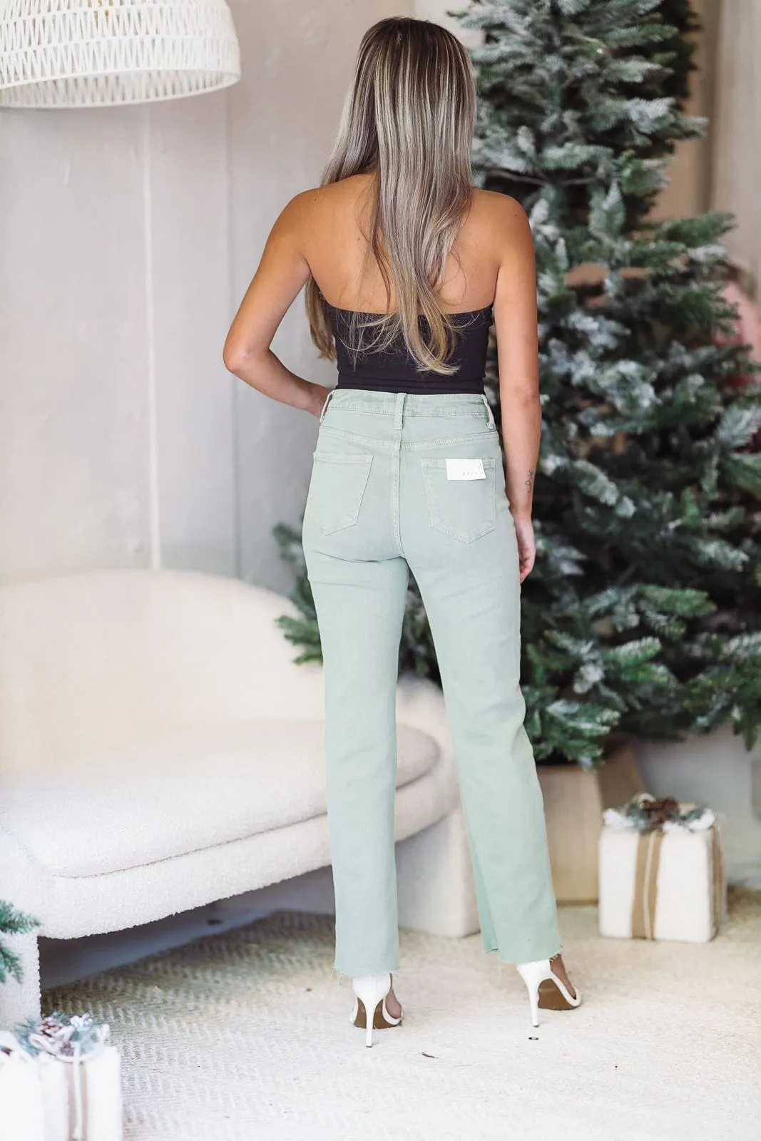 Tummy Control Button Down Risen Straight Leg High Rise Jeans - Olive sold by Hazel & Olive product image thumbnail 3