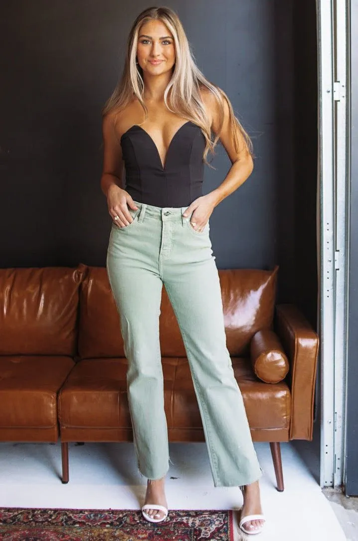 Tummy Control Button Down Risen Straight Leg High Rise Jeans - Olive sold by Hazel & Olive