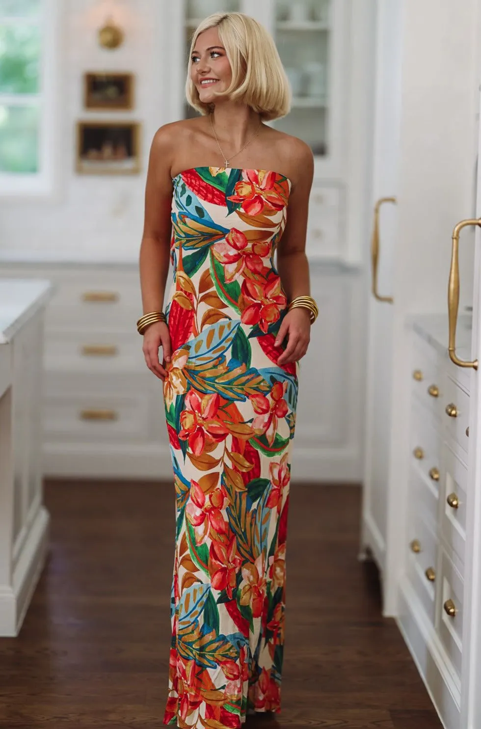 Botanical Garden Maxi Dress - Cream, Orange and Green sold by Hazel & Olive