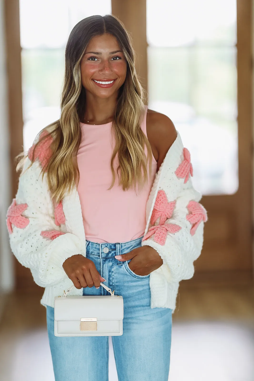 Did It Myself Bow Cardigan - White and Pink sold by Hazel & Olive product image thumbnail 3