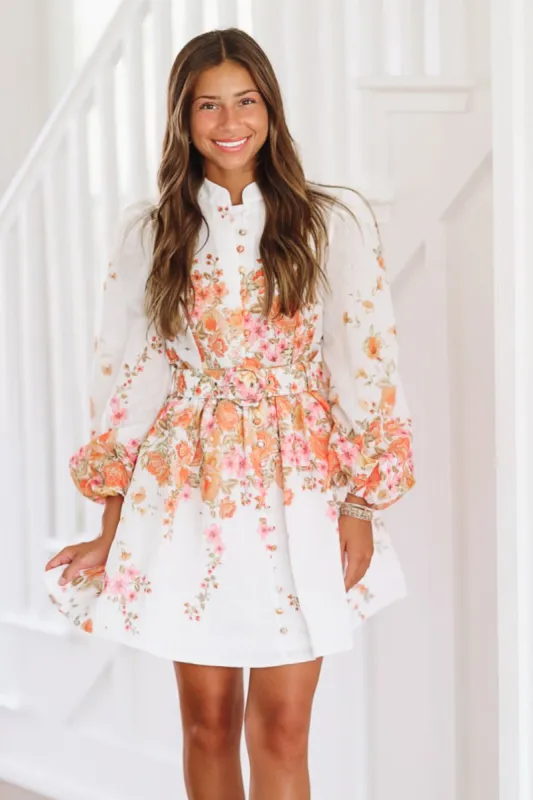 Designer Moments Mini Dress - Ivory and Orange sold by Hazel & Olive