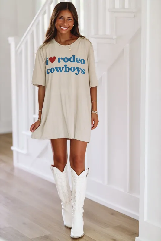 I Love Rodeo Cowboys Graphic T-shirt Dress or Tee - Tan sold by Hazel & Olive