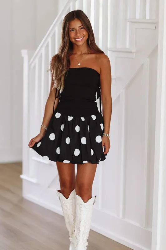 OMG Polkadot Balloon Mini Dress - Black and White sold by Hazel & Olive