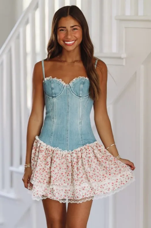 Crowley Corner Floral Mini Dress - Denim and Pink sold by Hazel & Olive