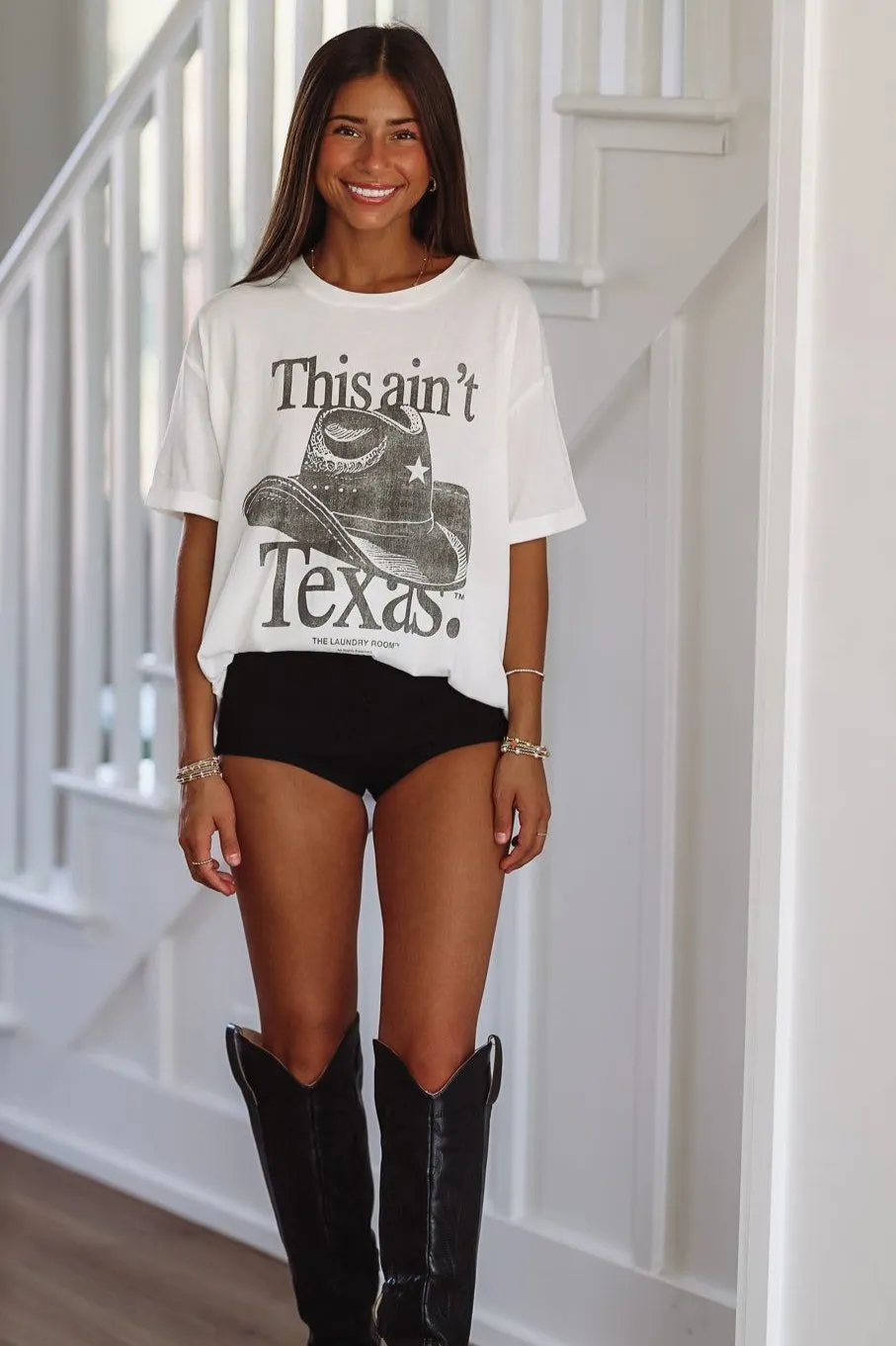 The Laundry Room Oversized This Ain't Texas Shirt Dress - White sold by Hazel & Olive