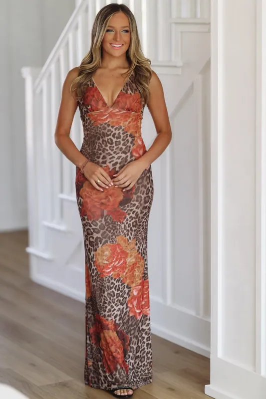 I'm Telling You Leopard Maxi Dress Gown - Brown sold by Hazel & Olive