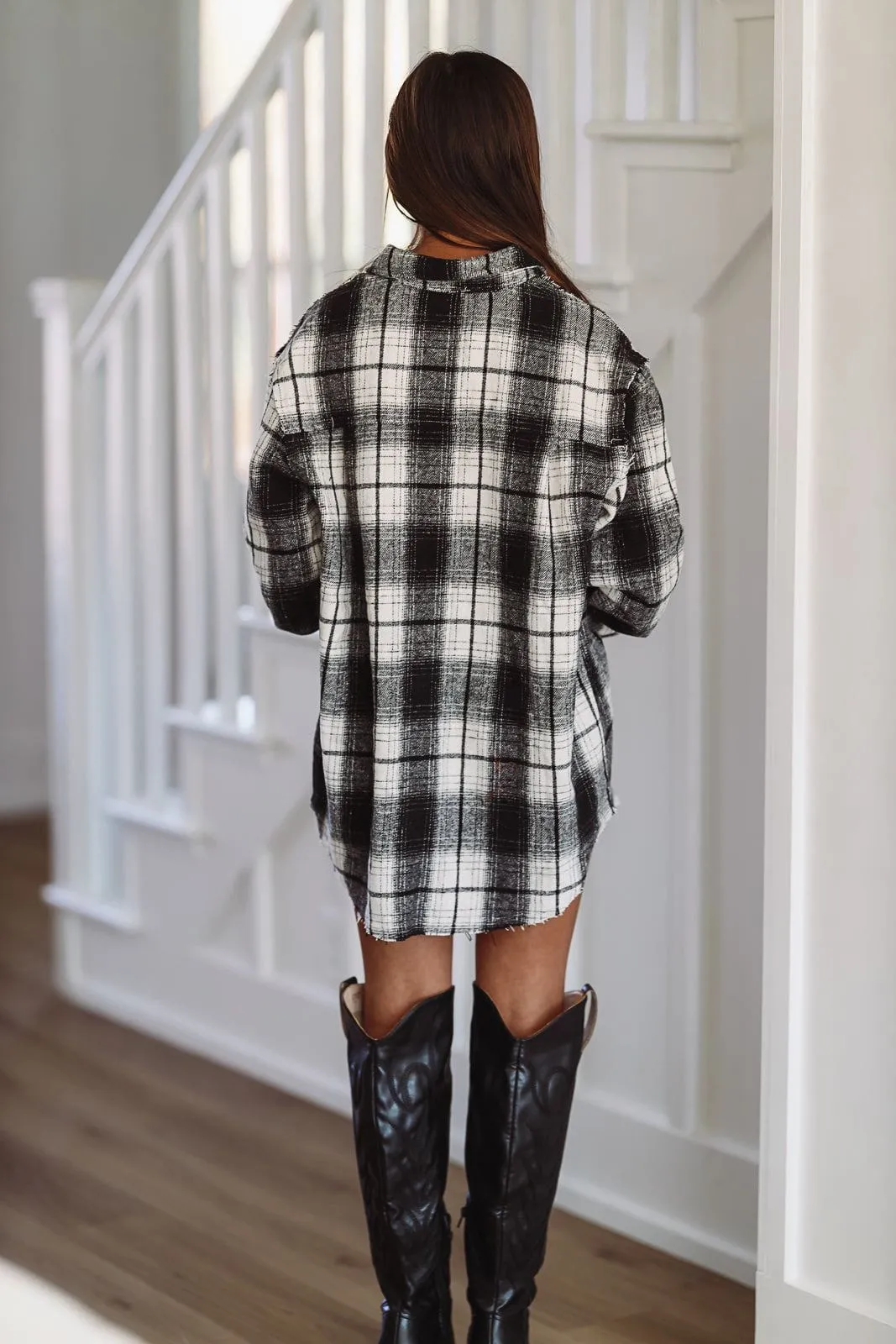 Fall Flannel Shirt Mini Dress - Ivory and Black sold by Hazel & Olive product image thumbnail 3