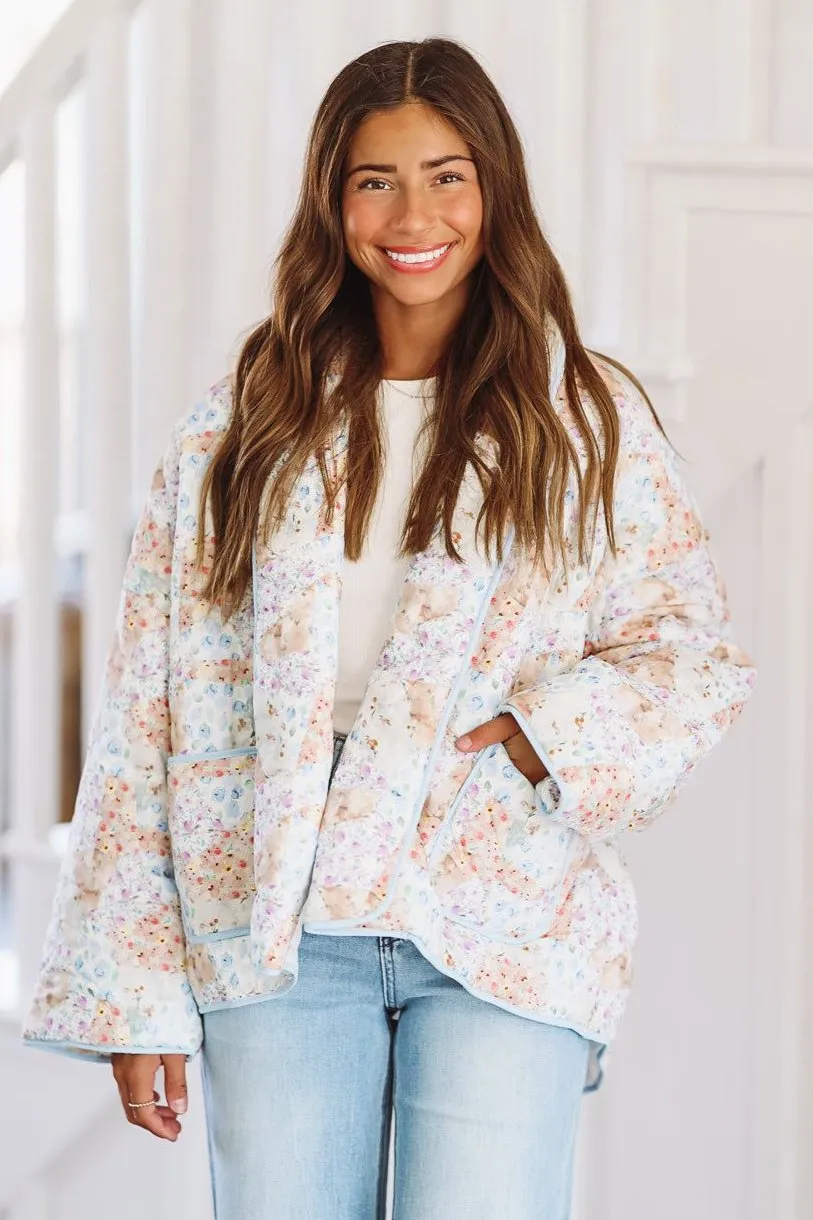 Worth Celebrating Quilted Jacket - Peach and Blue sold by Hazel & Olive