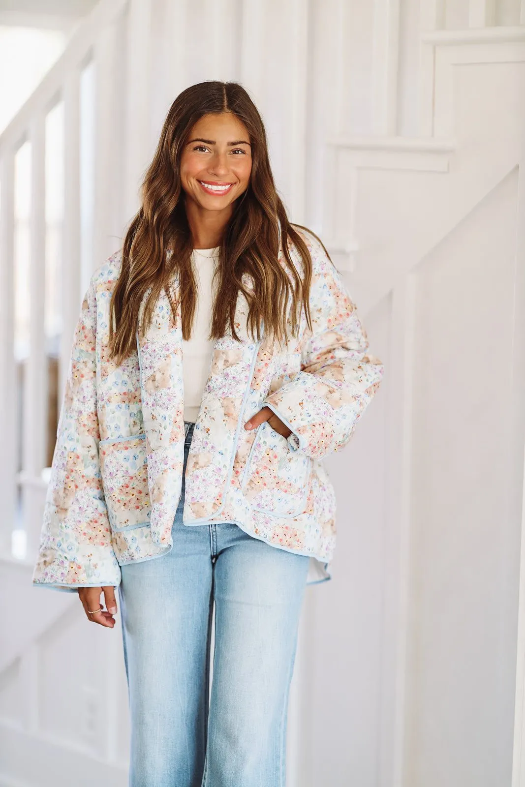 Worth Celebrating Quilted Jacket - Peach and Blue sold by Hazel & Olive product image thumbnail 2