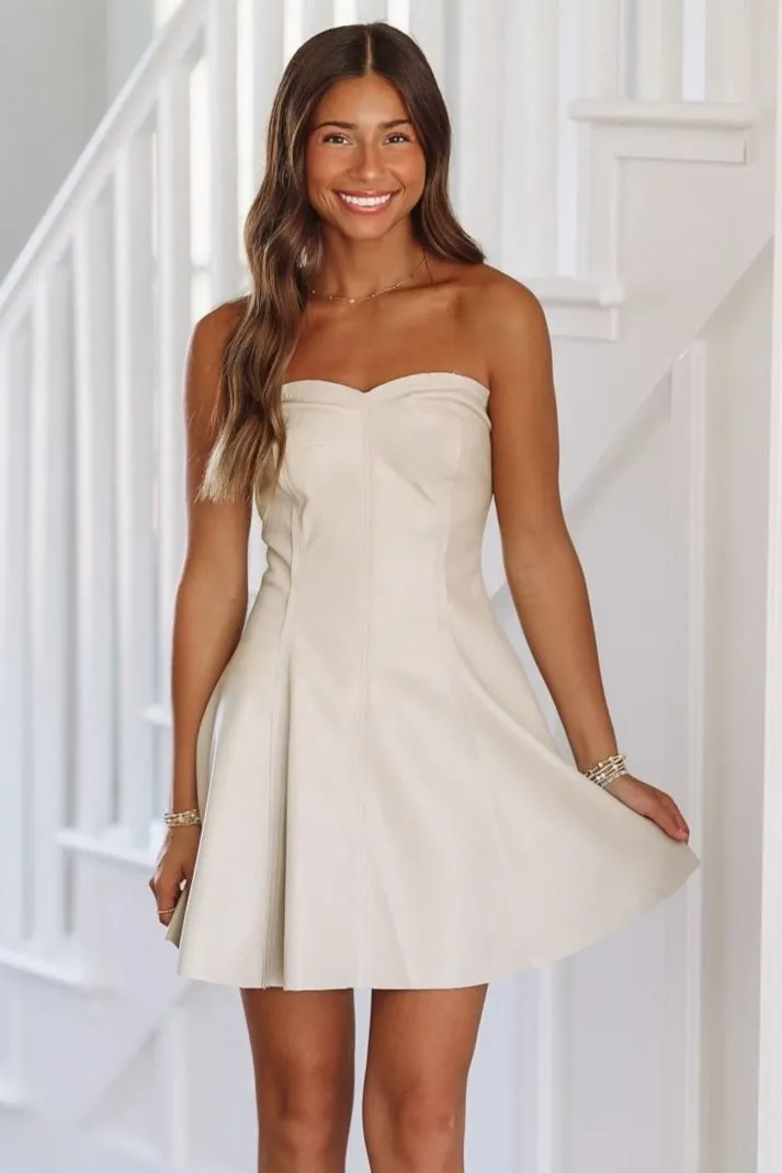 On My Mind Vegan Leather Mini Dress - Ecru sold by Hazel & Olive