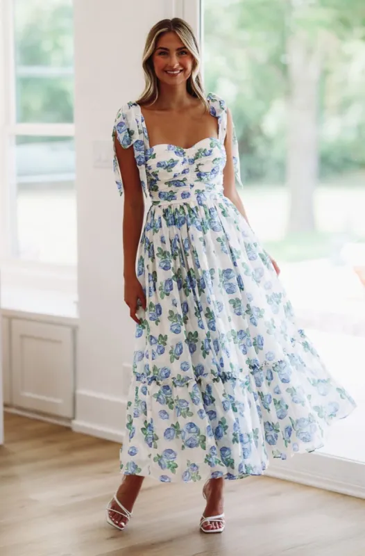 Girly and Chic Maxi Dress - Ivory and Blue sold by Hazel & Olive
