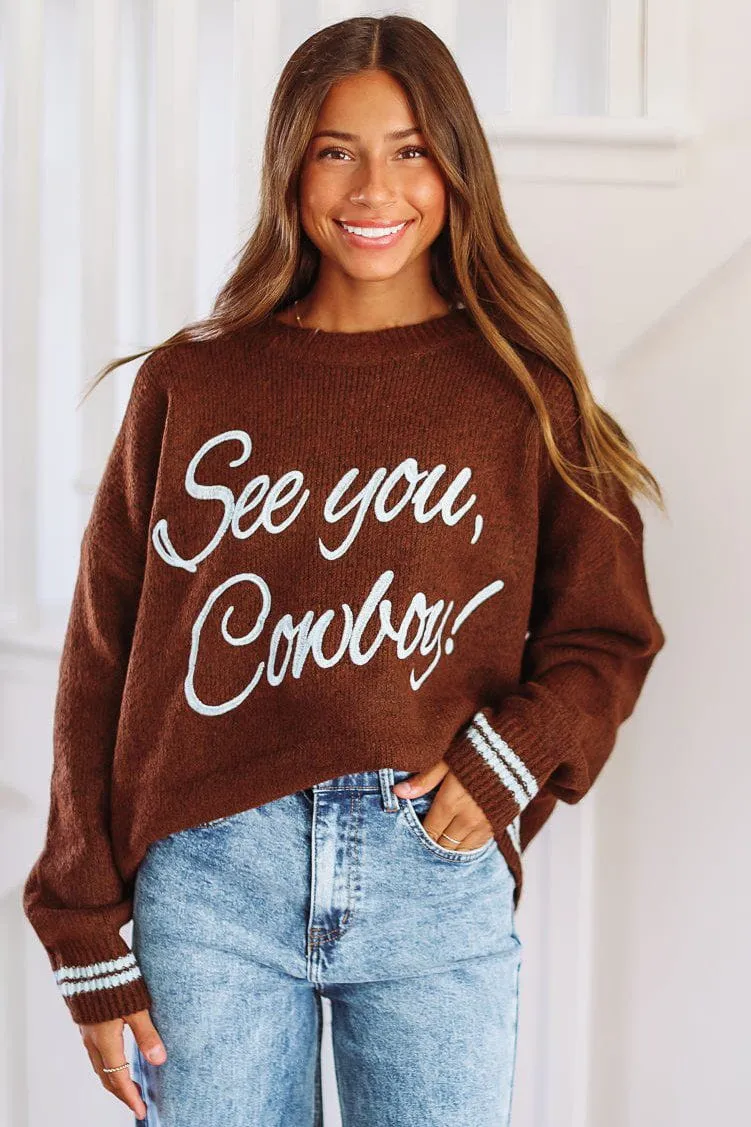 See You, Cowboy! Sweater - Brown and Blue sold by Hazel & Olive