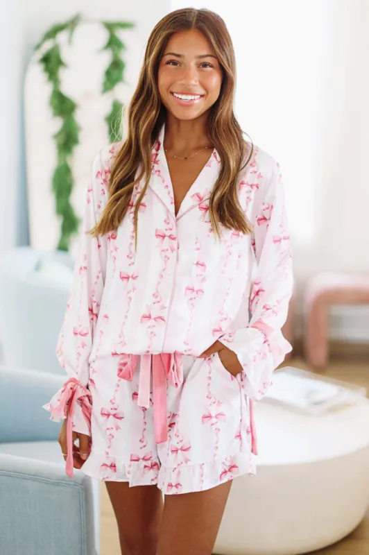 Ribbons and Bows Pajama Shorts - Pink sold by Hazel & Olive